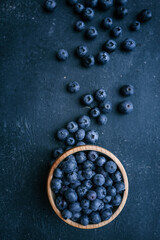 Blueberries background. Blueberry border design. Ripe and juicy fresh picked bilberries close up. Copyspace for your text