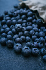 Blueberries background. Blueberry border design. Ripe and juicy fresh picked bilberries close up. Copyspace for your text