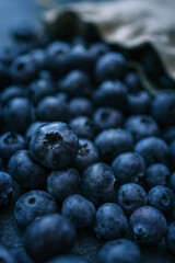 Blueberries background. Blueberry border design. Ripe and juicy fresh picked bilberries close up. Copyspace for your text
