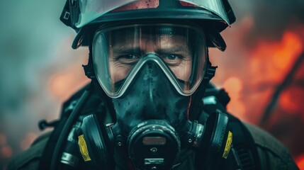 A dedicated firefighter stands ready, equipped with protective gear, facing the intense heat and flames during an emergency situation