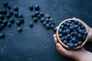Blueberries background. Blueberry border design. Ripe and juicy fresh picked bilberries close up. Copyspace for your text