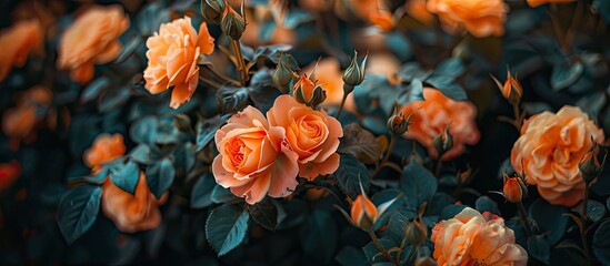 Close up of lovely orange roses blooming on a bush in a garden with space for adding text or images. Copy space image. Place for adding text and design