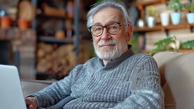 An old man, grinning at the camera, is sitting on a sofa with a laptop. stoic elderly man with spectacles, a grey pullover knit sweater and a laptop
