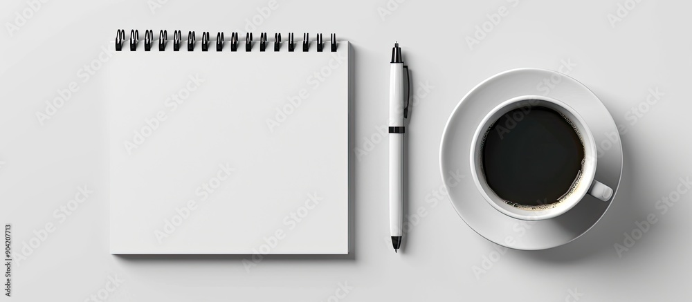 Poster concepts and ideas portrayed through a minimalistic arrangement of a blank notebook a pen and a cup 