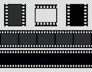 Realistic movie film strip set on transparent background. Film strip template. Cinema and filmmaking concept. Vector illustration
