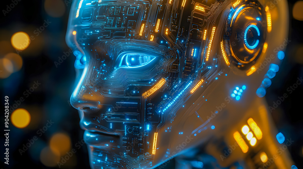 Poster futuristic robotic cyborg face with intricate glowing circuit board patterns advanced intelligence a
