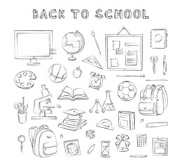 Vector set of hand drawn school supplies. Stacks of books, backpack, stationery, sport ball, globe, microscope, brushes, alarm clock,  glass flasks in doodle style. Back to school background for web
