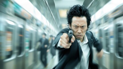 Japanese salaryman in a suit fighting off attackers inside a Shinkansen train, 