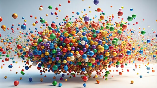 A Multicolored Sphere of Bouncing Balls Against a White Background