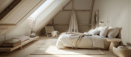 Discover a serene and stylish Scandinavian style attic retreat with clean lines neutral colors natural materials and a relaxing ambiance perfect for unwinding Includes copy space image