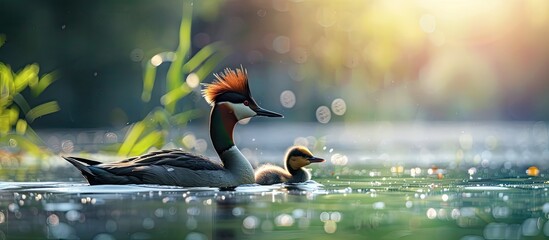 The Podiceps cristatus a type of great crested grebe with its chick is swimming gracefully in the lake offering a serene and peaceful image with ample copy space