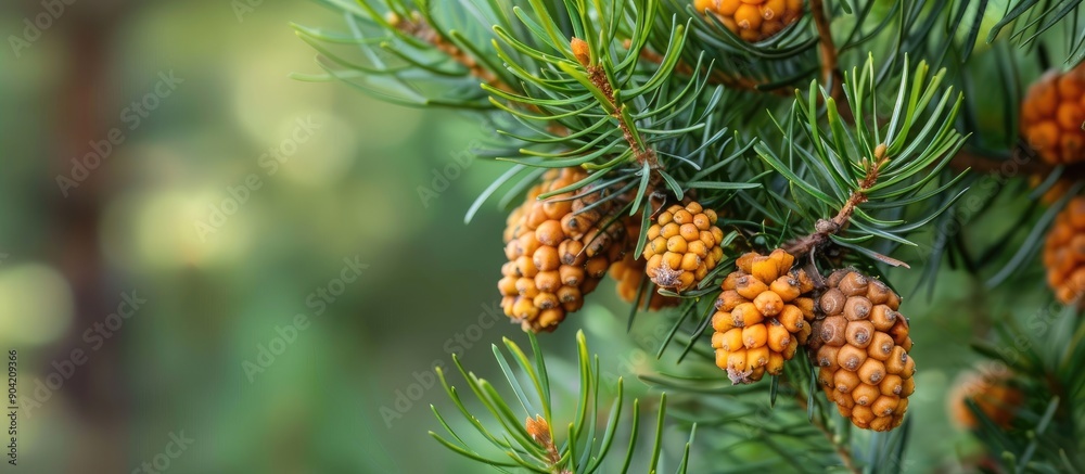 Wall mural a pine tree with fruits a pine cone on a copy space image