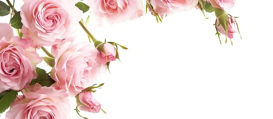 Pink roses arranged in a corner with copy space image against a white backdrop