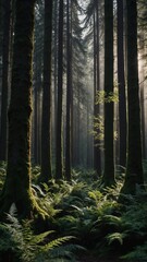 Obraz premium a forest with the sun shining through the trees.