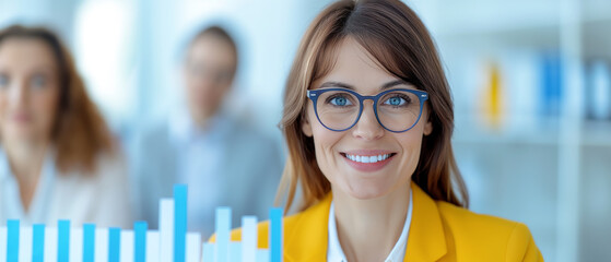 A cheerful businesswoman in a yellow blazer and glasses smiles confidently, with a blurred background of colleagues and bar charts, indicating a positive and productive work environment.