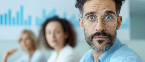 Business professional with glasses attentively looks at the camera, with team members and a chart in the background. modern office setting highlights a collaborative and analytical work environment