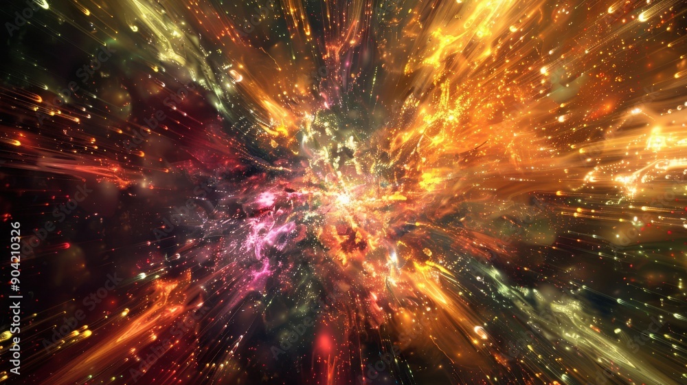 Poster a dynamic fractal explosion radiates with vibrant colors and intricate shapes, creating an engaging 