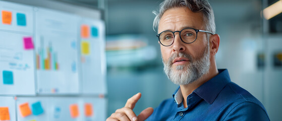 Professional man with glasses and light beard explains data on a whiteboard with charts and colorful sticky notes. Image highlights focus on strategic planning and data-driven decision making.