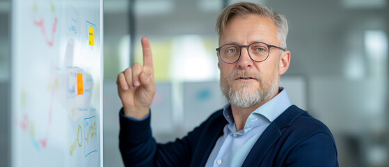 Professional man with glasses and light beard points to a whiteboard covered with diagrams and sticky notes. Image emphasizes strategic planning, data analysis, and corporate presentation skills.