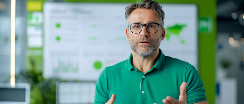Businessman wearing glasses and a green polo shirt gestures while discussing in front of a presentation with environmental graphics, suggesting a focus on ESG (Environmental, Social, and Governance)