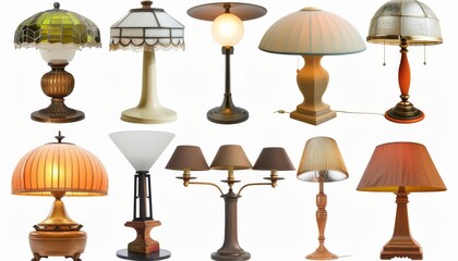Sharp photo of retro, vintage, and modern bedside table lamps, isolated as transparent PNGs