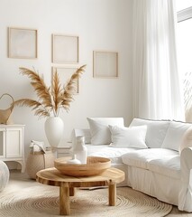 Minimalist Living Room with White Sofa and Wooden Coffee Table