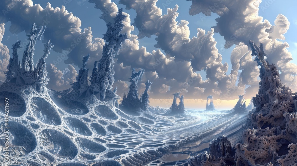 Poster a stunning fractal landscape unfolds, featuring towering structures and intricate patterns under a d