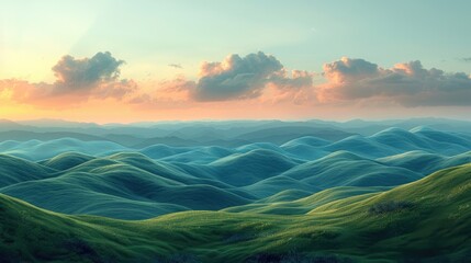 Post-minimalist landscape with rolling hills and organic shapes, emphasizing simplicity and natural beauty