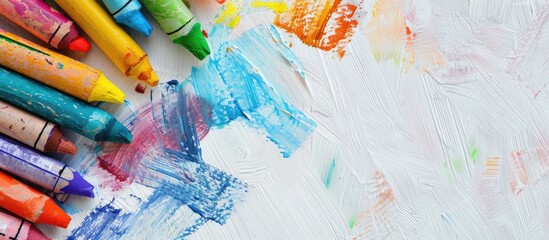Fototapeta premium Vivid array of hand drawn wax crayon strokes on a textured white background with ample copy space image