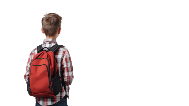 back view of young student wearing backpack with copy space isolated on transparency background