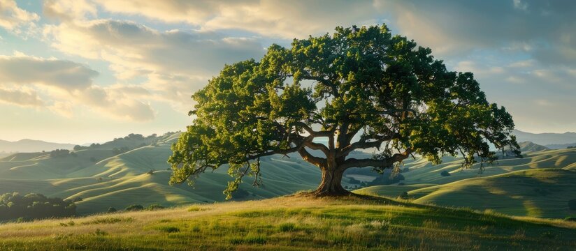A majestic live oak tree stands tall in the picturesque landscape with rolling hills providing a serene backdrop for a copy space image