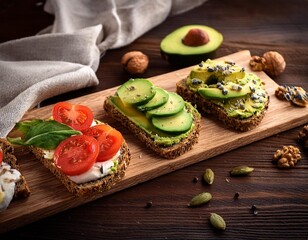 gesund belegte Brote, auf einem Holzbrett, gesunde Ernährung