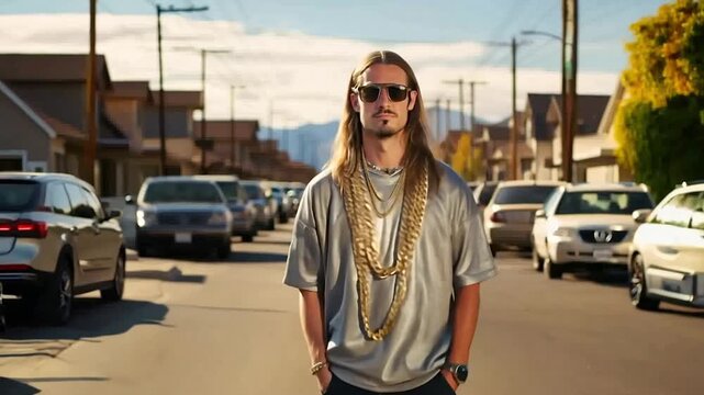 Caucasian rapper wearing gold chains walking street