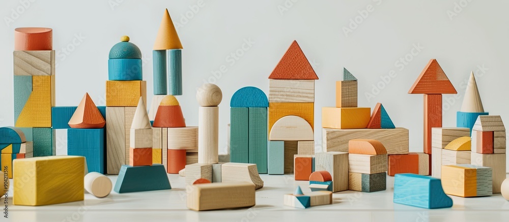 Wall mural colorful wooden blocks creating various structures and buildings in a geometric layout set against a