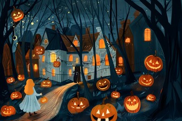 Fototapeta premium Cute illustration of a girl wearing a witch costume for Halloween. Happy Halloween