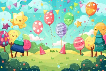 Obraz premium illustration for children birthday party event, colorful, cheerful, children party