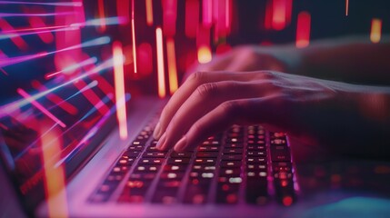 Obraz premium Close-up of hands typing on a laptop keyboard with neon lights
