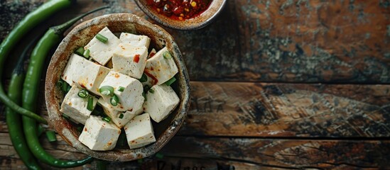 Tofu from Sumedang served on a wooden table with green chili chili sauce and copy space image for recipes articles catalogs or commercial use