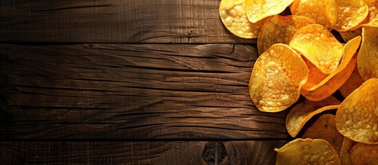 Golden crispy potato chips on a wooden background with copy space image for a fast food snack