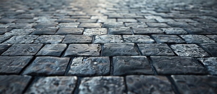 Fototapeta Ancient gray brick floor against a cobblestone background in a copy space image