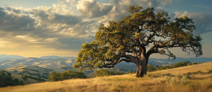 A majestic live oak tree stands tall in the picturesque landscape with rolling hills providing a serene backdrop for a copy space image