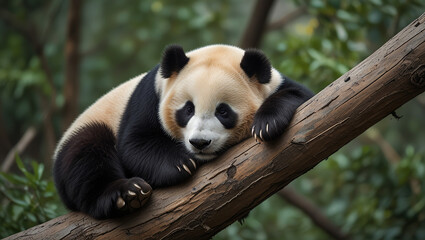 Fototapeta premium Lazy Panda Bear Sleeping on a Tree Branch