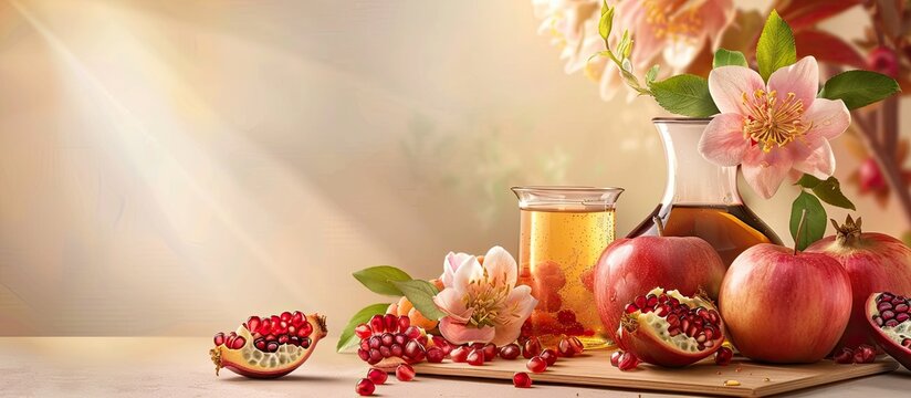 Rosh Hashanah concept with traditional symbols like pomegranate apples honey and flowers set on a beige background with room for text or images Wishing a Happy Rosh Hashana Shana Tova
