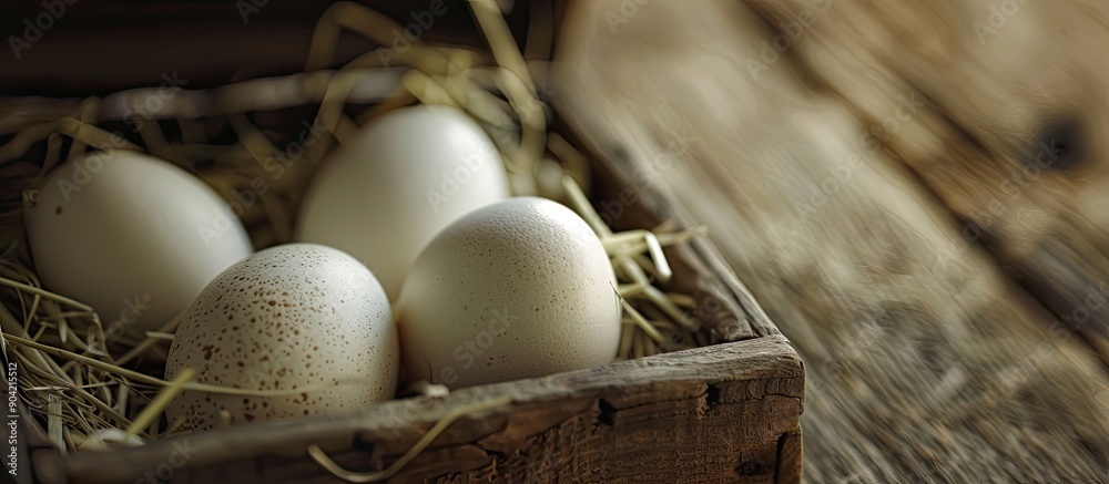 Poster Close up of raw organic chicken eggs displayed on hay inside a wooden box providing a clear copy space image