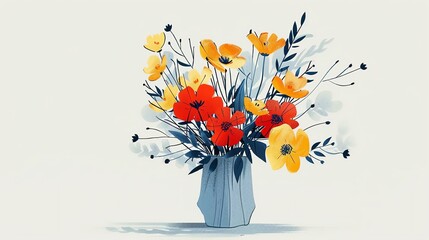 Watercolor illustration of a bouquet of red and yellow flowers in a blue vase.
