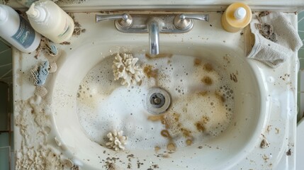 A dirty sink with a lot of soap and other items on it