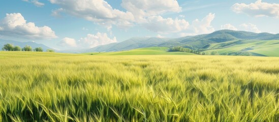 Fototapeta premium Early summer view of a rural barley field with copy space image