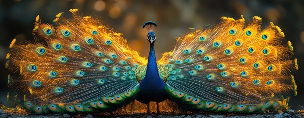 Close-Up of Peacock Displaying Vibrant Blue and Green Feathers - Wide Angle, Photorealistic Image


