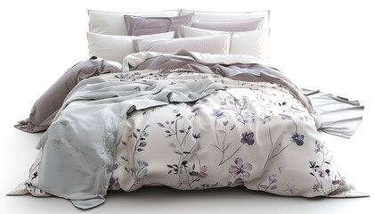 Modern Bed with Floral Duvet Cover and Multiple Pillows Isolated on white background