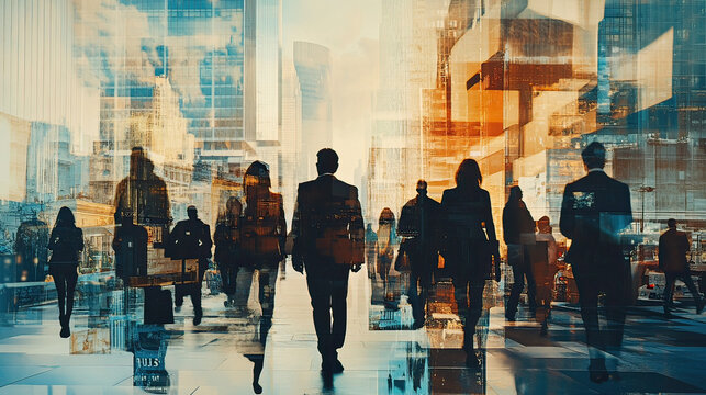 Collage visuals of various business scenes.